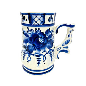 Vintage Russian Porcelain Mug Cobalt Blue & White Floral Unique Bird Handle